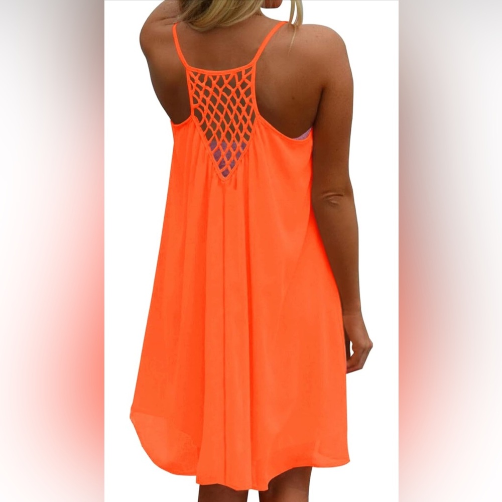 ReachMe Neon Orange Sheer Lined Mesh Back Swing Beach Dress ~ Size Small ~ NWOT - Picture 5 of 10